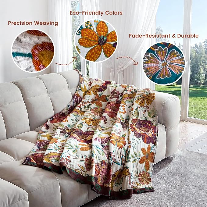 MSGKV Summer Throw Blanket for Couch, 100% Cotton Muslin Breathable Woven Bed Throws 60"x80" Boho Vintage Quilt for All Seasons Lightweight Farmhouse Blankets Home Decoration