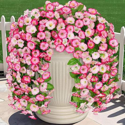 INXUGAO Artificial Fake Hanging Flowers Plants for Outdoor Decoration, 2PCS Faux Silk Morning Glory Long Vines Stems UV Resistant Look Real for Spring Summer Outside Home Porch Patio, Pink