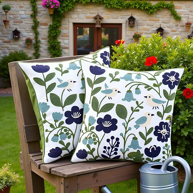 Spring Embroidered Pillow Covers 18x18 Pack of 2 Birds Throw Pillow Covers Green Leaves with Floral Pillowcases Farmhouse Pillow Cushion Cases Square Navy Blue Flower Pillow Case Home Decor