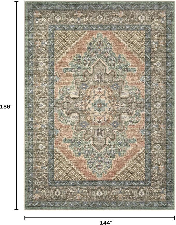 Tortania Area Rug Living Room Rugs - 12x15 Washable Boho Rug Vintage Oriental Distressed Farmhouse Large Thin Indoor Carpet for Living Room Bedroom Under Dining Table Home Office - Sage Terracotta