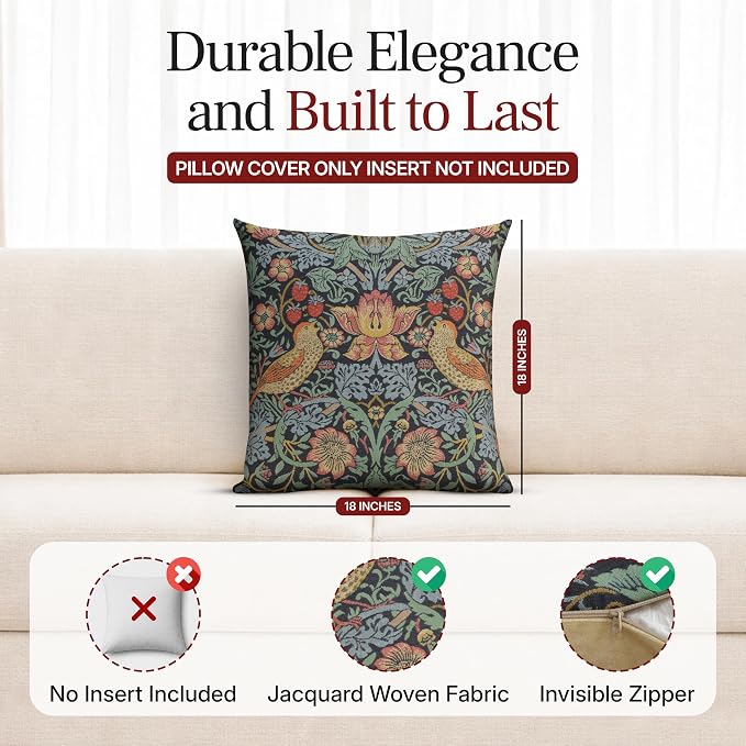 Charlotte Home Furnishings Inc Blue Strawberry Thief Throw Pillow Covers 18x18, European 100% Cotton Jacquard Woven Fabric, Boho & Vintage Inspired Decorative Cushion for Living Room and Sofa