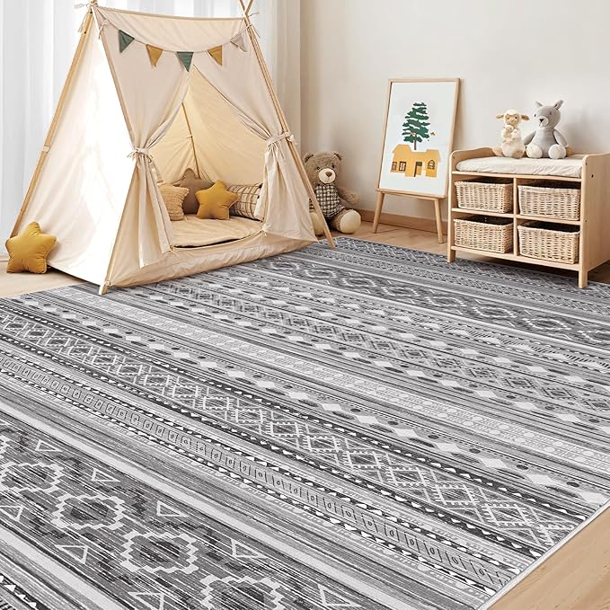 cotiled 7x9 Area Rug Living Room: Washable Boho Rugs with Non Slip Backing Large Soft Indoor Stain Resistant Carpet for Bedroom Farmhouse Dining Room Lightweight Home Decor Beige Grey