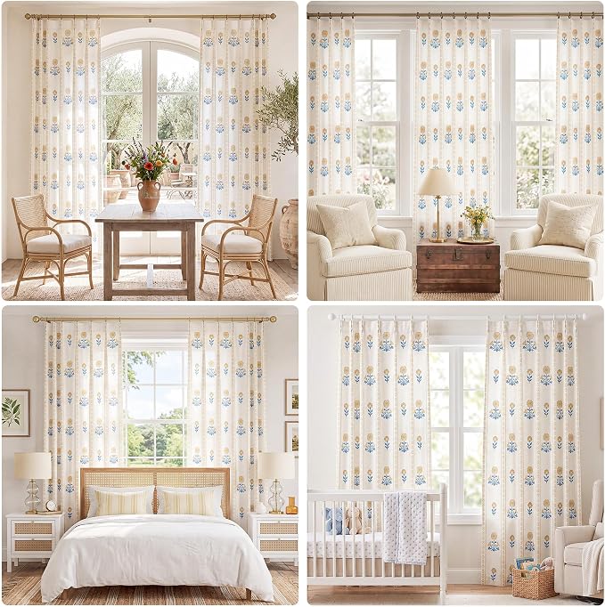 THREE GIRLS Pinch Pleated Light Filtering Linen Blend Floral Block Print Curtains for Living Room, Bedroom, Farmhouse, Memory Trained, Hooks, 2 Panels Set, 40"x84", Yellow