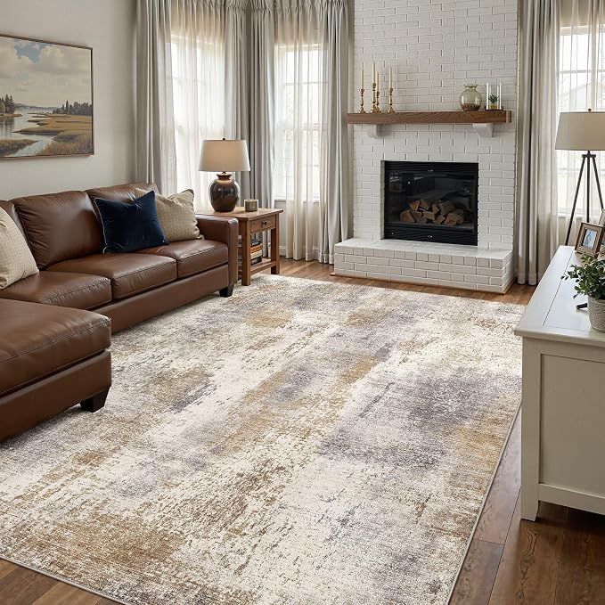 DMOYEST Area Rug Living Room Rugs - 7x9 Washable Large Soft Indoor Neutral Modern Abstract Low Pile Rug Carpet for Bedroom Dining Room Farmhouse Home Office - Brown Grey