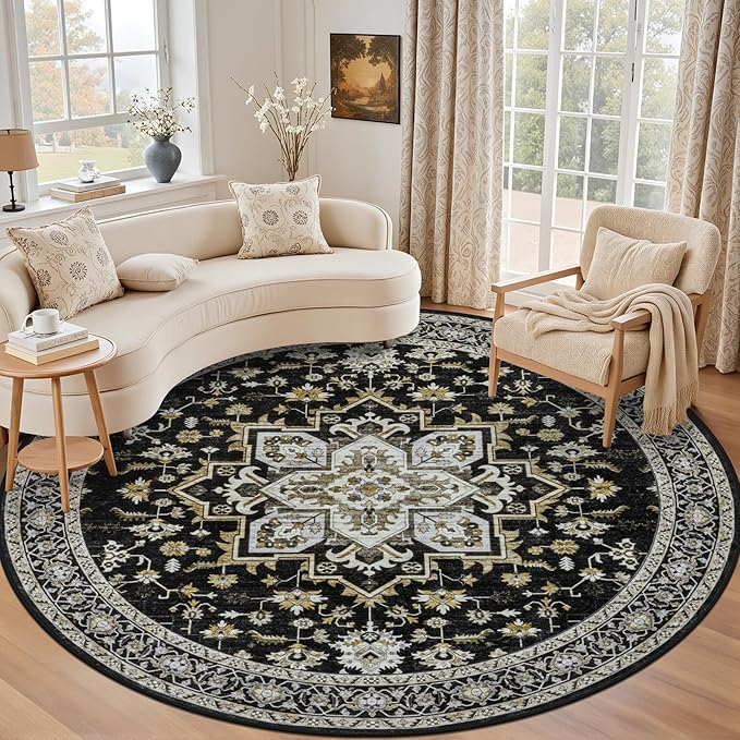 Round Area Rug for Living Room: 4 ft Washable Vintage Boho Soft Thin Circle Rug Indoor Floor No Slip Stain Resistant Carpet for Bedroom Dining Room Farmhouse Nursery Home Office - Black Gold