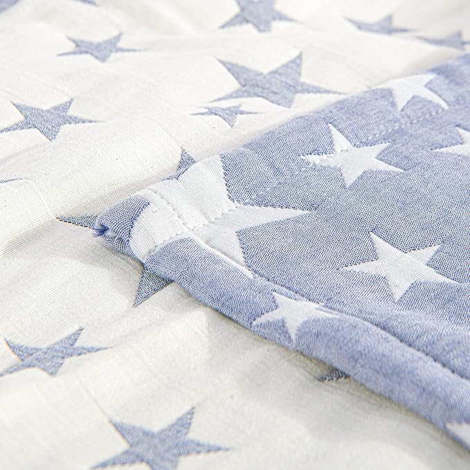 NTBAY 3 Layers Cotton Muslin 106x92 King Bed Blanket, Super Soft Breathable Thermal Yarn Dyed Quilt for Adults, Perfect Lightweight Blanket for Couch Sofa Bed All Seasons, Blue Stars