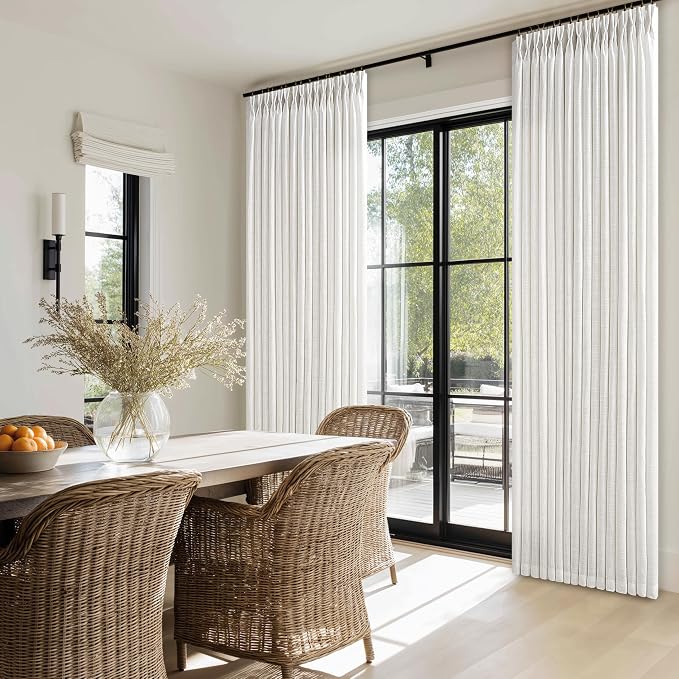 Pinch Pleated Off White Semi Sheer Curtains 90 Inches Long Light Filtering Neutral Boho Farmhouse Linen Curtains Rings Hooks for Living Room Bedroom Nursery Window Drapes 90 Inch Length 2 Panels Set