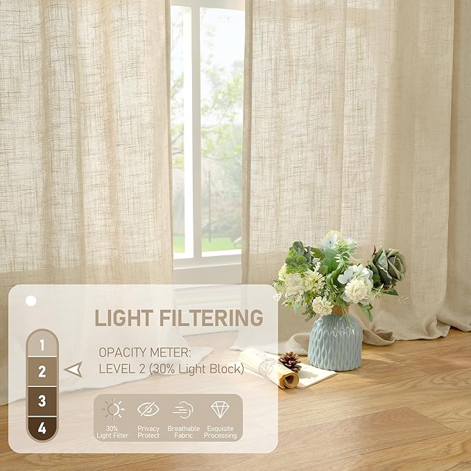LAMIT Semi Sheer Linen Curtains 54 Inch Length 2 Panels, Light Filtering Panels Back Tab and Rod Pocket Neutral Drapes for Small Window/Bedroom, 52 x 54 Inch