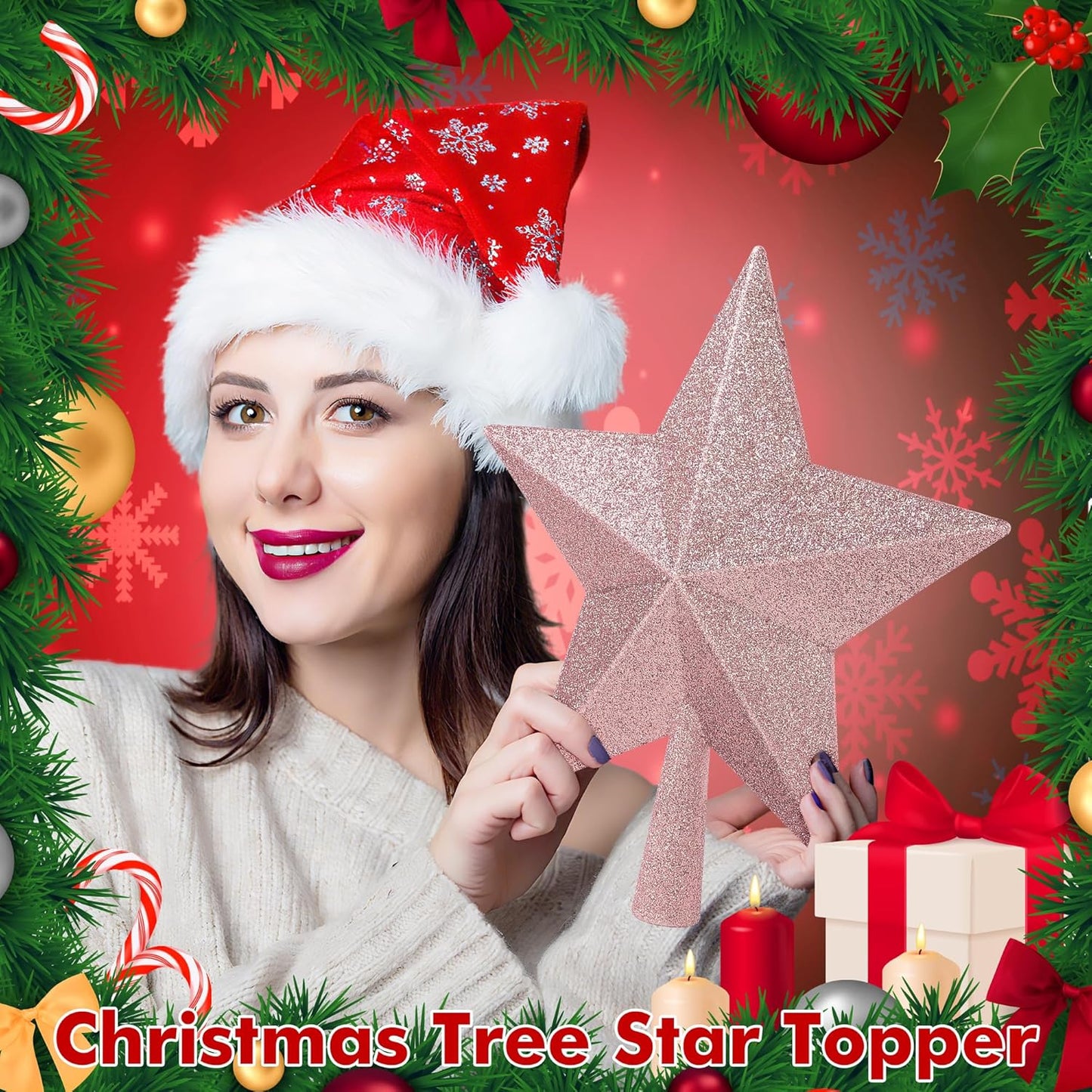 Christmas Tree Top Ornament, 10" Rose Gold Christmas Star Tree Topper, Large Xmas Glitter 3D Bethlehem Tree Topper Ornament, Waterproof Holiday Christmas Tree Topper Star for Home Indoor Outdoor