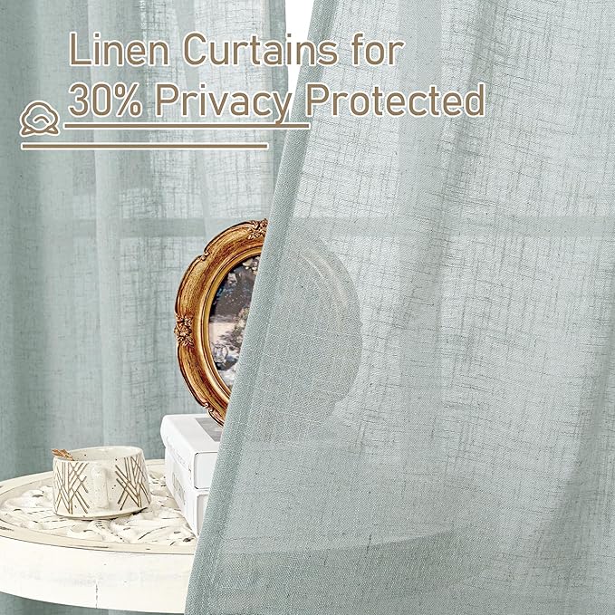 LAMIT Window Linen Curtains 24 Inch Length, Semi Sheer Light Filtering Window Panels Back Tab and Rod Pocket Drapes for Kitchen/Small Windows, Greyish Blue, 25 x 24 Inch, 2 Panels