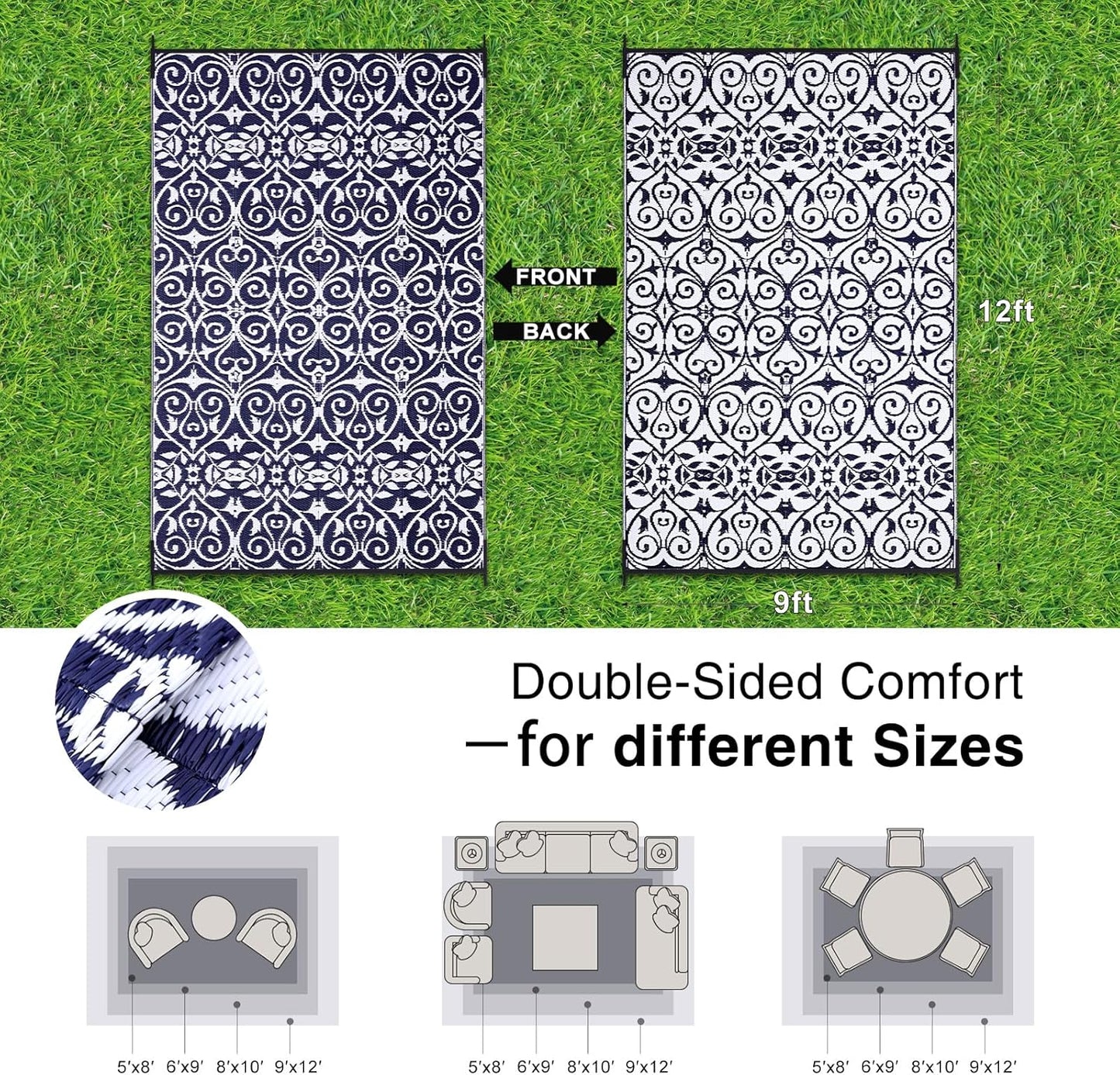 OLANLY Outdoor Rug Waterproof 9x12 ft Clearance, Reversible Outdoor Plastic Straw Rug with Floral Pattern, RV Mat for Patio, Camping, Balcony, Deck, Backyard, Navy & White
