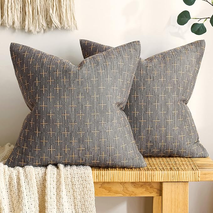 MIULEE Pack of 2 Decorative Burlap Linen Euro Sham Throw Pillow Covers for Sofa Couch Bed 24x24 Inch Modern Farmhouse Pillowcase Rustic Woven Textured Cushion Cover Dark Grey