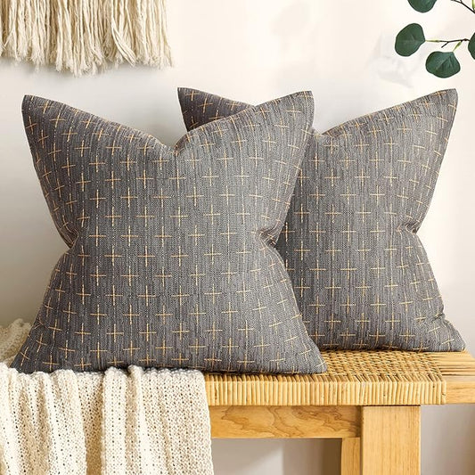 MIULEE Pack of 2 Decorative Burlap Linen Euro Sham Throw Pillow Covers for Sofa Couch Bed 24x24 Inch Modern Farmhouse Pillowcase Rustic Woven Textured Cushion Cover Dark Grey