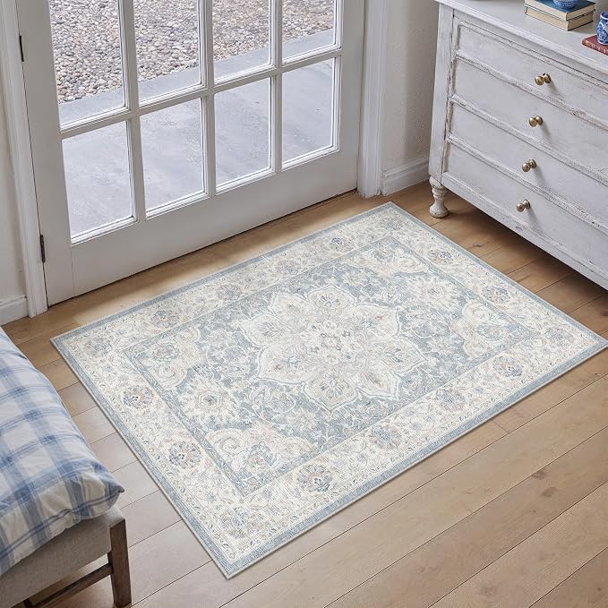 HUGEAR 2x3 Washable Area Rug for Living Room Bedroom Blue Vintage Soft Carpet Small Rug Non-Shedding & Non-Slip Indoor Home Decor Dining Laundry Room Kitchen Floor Mat
