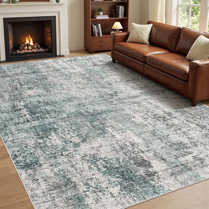 UERMEI 10x14 Area Rug Living Room Rugs - Washable Neutral Modern Abstract Soft Thin Large Rug Indoor Floor No Slip Rug Carpet for Bedroom Under Dining Table Home Office Decor - Green/Grey