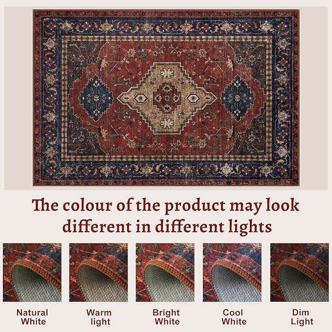 Tangsoo Oriental 3x5 Washable Rugs for Entryway, Non Slip Vintage Indoor Accent Rug Carpet, Boho Soft Low Pile Tumble Rug for Living Room Dining Bedroom Bedside Entry Red/Blue Home Decor