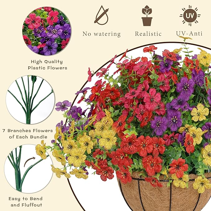 Senjie 12 Bundles Artificial Flowers Bulk for Outdoor Decor, UV Resistant Fake Plastic Flowers, Faux Flowers for Porch Patio Window Boxwood Garden