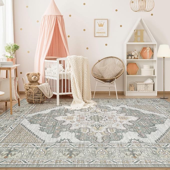 Tortania Area Rug Living Room Rugs - 6x8 Washable Boho Rug Vintage Oriental Distressed Farmhouse Large Thin Indoor Carpet for Living Room Bedroom Under Dining Table Home Office - Sage Green