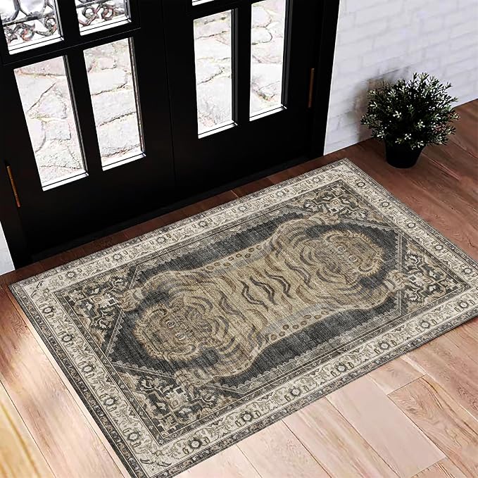 CHAMPLANT Washable Area Rug 2'x3' Door Mat Vintage Distressed Doormat Indoor Entrance Traditional Thin Rug Floral Print Non Slip Carpet for Kitchen Bathroom Bedroom Living Room