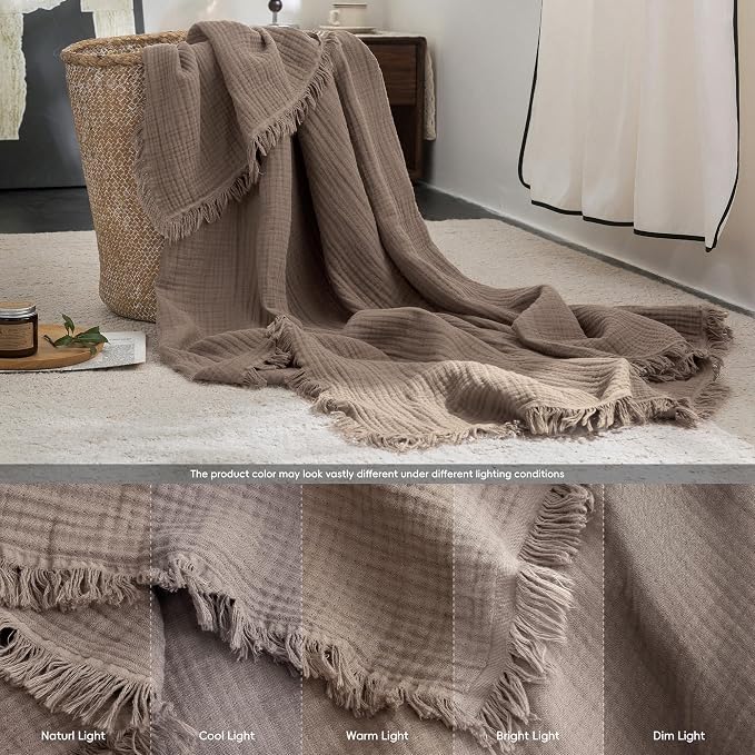 FOSSA Muslin Blanket 4-Layer 100% Cotton Gauze Blanket with Fringe 108"x98" | Super Soft Breathable Lightweight All Season & Decorative Blanket or Bed, Sofa, Office (Pale Brown,Super King)