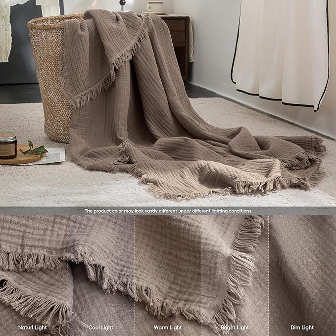 FOSSA Muslin Blanket 4-Layer 100% Cotton Gauze Blanket with Fringe 104"x90" | Super Soft Breathable Lightweight All Season & Decorative Blanket or Bed, Sofa, Office (Pale Brown, King )