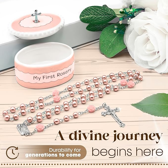 My First Rosary and Keepsake Box Set White and Pink – Catholic Baptism Gifts for Boys, Blessed First Communion Gifts for Boys or Girl, Christening from Godparents