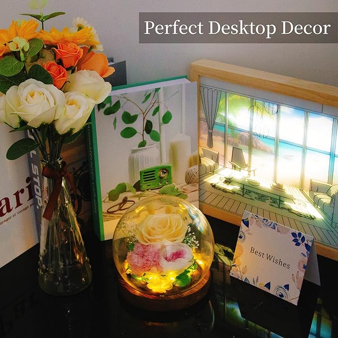 MOKOQI Yellow Rose Birthday Gifts for Women | Mothers Day Gifts for Mom Grandma - Preserved Real Rose in Glass Dome with LED Strip | Fresh Flowers for Delivery on Birthday