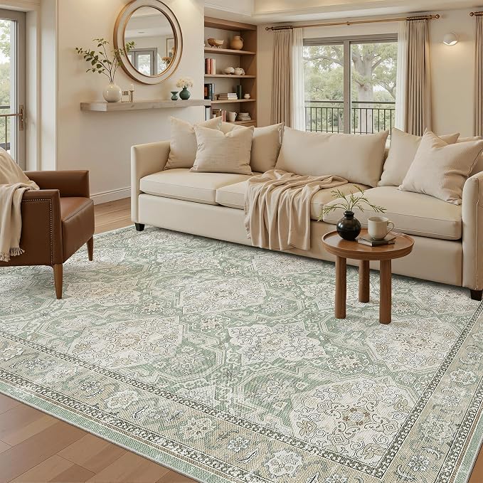 Soalmost 5x7 Area Rugs Green/Brown Low Pile Indoor Washable Trendy Faded Style Rugs for Bedroom Living Room Dining Room Foldable Non-Slip Thin Print Home Office Mat