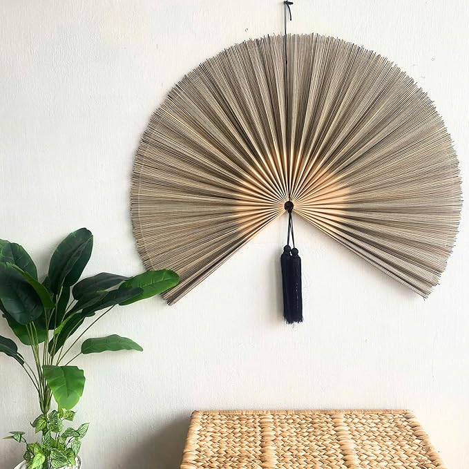 ChumDecor Fan Wall Decor, Japanese Giant Fan, Large Bamboo Fan Wall Art For Boho Hanging Headboard, Decorative Folding Fans For Over Bed, Asia Trending (Gray 48inch)