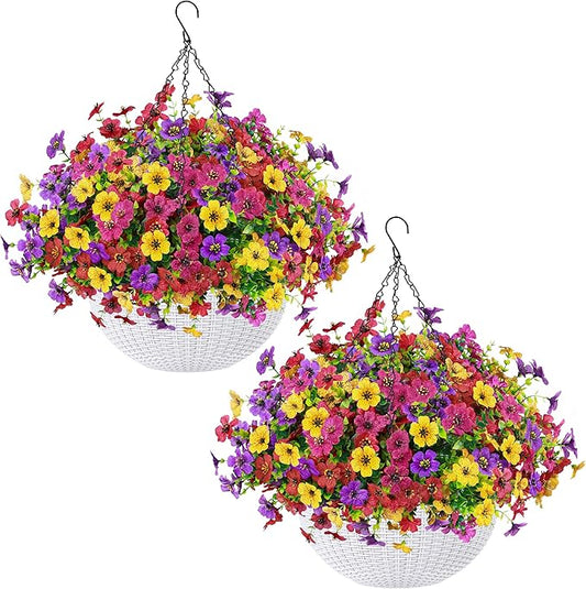 Der Rose 2 Pack Artificial Hanging Flowers Basket for Faux Plants Outdoor Spring Summer Decoration UV Resistant Fake Flowers for Patio Balcony Farmhouse Decor