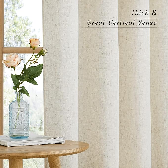 NICETOWN Semi Sheer Boho Linen Curtains for Living Room, Grommet Privacy Added Thick Textured Burlap with Light Filter Sheer Curtains & Drapes for Bedroom, Natural, W55 x L120, 2 Panels