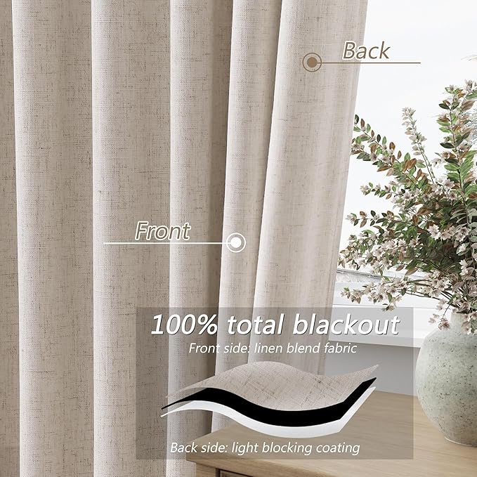 Guken 100% Blackout Curtains 96 Inch Length 2 Panels Set for Living Room Bedroom Back Tab Thermal Insulated Black Out Linen Drapes Room Darkening Window Curtains 96 Inches Long,Sand Beige