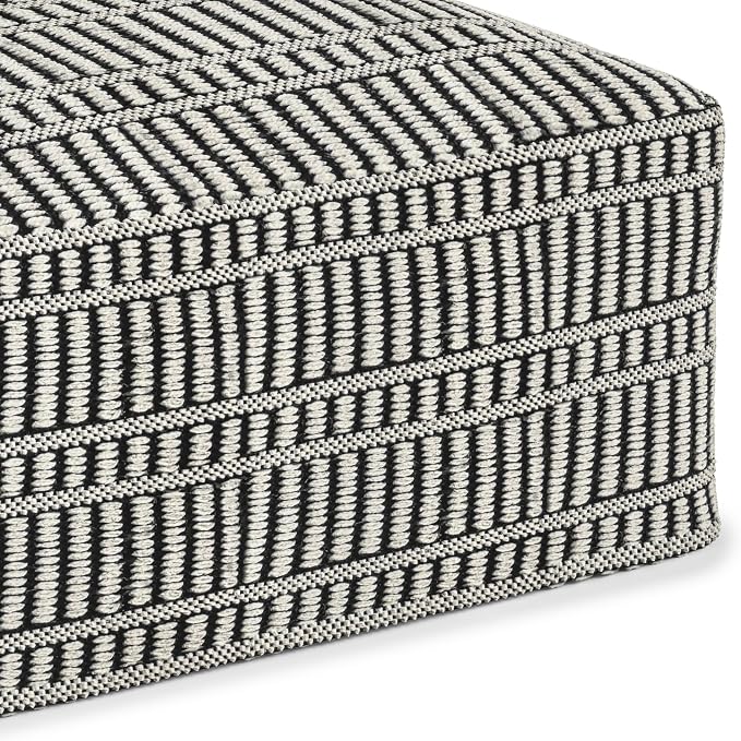 SIMPLIHOME Safford Square Pouf - 20 inch Wide Upholstered PET Polyester Ottoman in Black and White, Boho Indoor/Outdoor Footstool or Extra Seating for Living Room, Bedroom, or Patio, Assembled