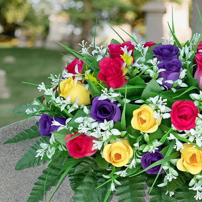 LVXINLI Artificial Cemetery Flowers Saddle-Shaped Tombstone Decorations Non-Fading UV-Resistant（Yellow+Purple+Brilliant Red Saddle）