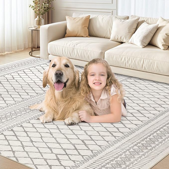 cotiled 6x9 Area Rug Living Room: Washable Boho Rugs with Non Slip Backing Large Soft Indoor Stain Resistant Carpet for Bedroom Farmhouse Dining Room Lightweight Home Decor Beige/Gray