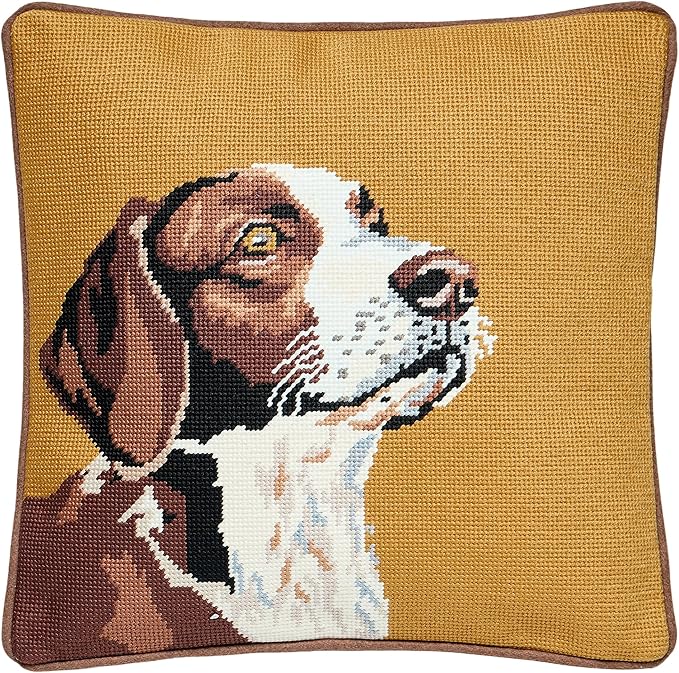 Camp Wandawega Hunting Dog Needlepoint Embroidered Throw Pillow, Vintage Lodge Decorative Pillow, 14" Square
