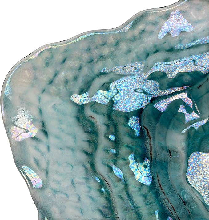 Oyster Shell Decorative Plate, 13 Inch Sea Blue Iridescent Glass | Wide Freeform Shell Form, Wavy Uneven Edges, Glossy Multitone Finish, Sits Flat for Tabletop Display