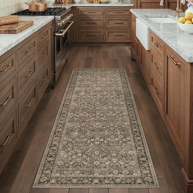 HUGEAR 2x5 Runner Rug Machine Washable Brown Hallway Area Rugs Indoor Accent Rugs Floral Low Pile Carpet Distressed Throw Rug Bedroom Living Room Office Dining Kitchen Laundry Non Slip