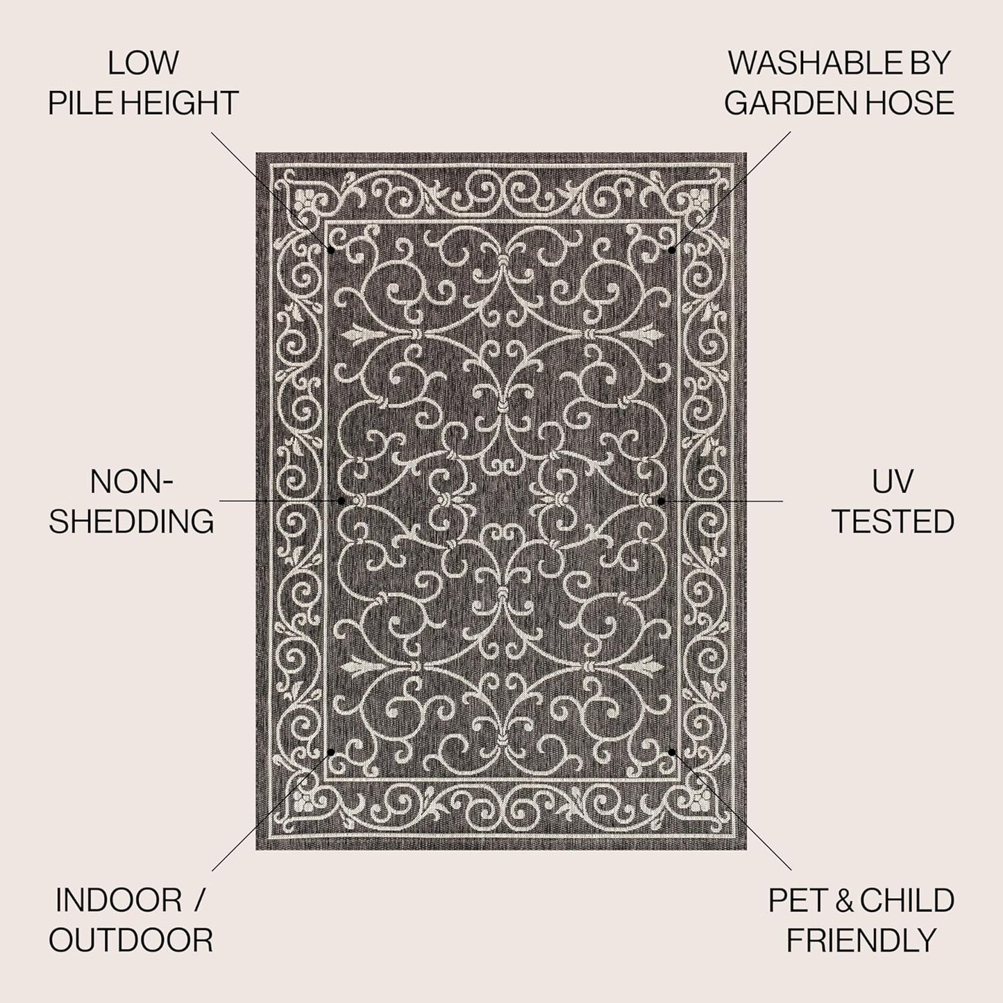 JONATHAN Y Vintage Filigree Indoor Outdoor Round Area Rug 3 Ft Black/Gray, Charleston Textured Weave for Backyard, Patio, Porch, Easy-Cleaning, High Traffic, Pet-Friendly, Non-Shedding (SMB106G-3R)