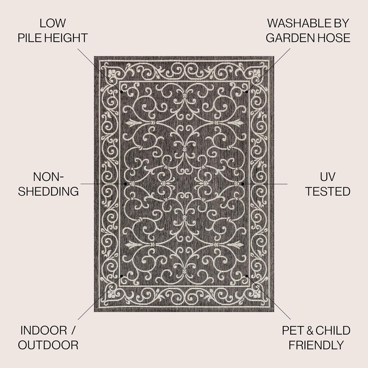 JONATHAN Y Vintage Filigree Indoor Outdoor Area Rug 10X14 Black/Gray, Charleston Textured Weave for Backyard, Patio, Porch, Easy-Cleaning, High Traffic, Pet-Friendly, Non-Shedding (SMB106G-14)