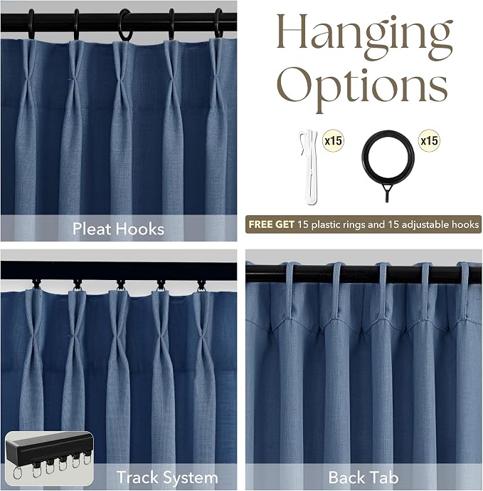 Pinch Pleated Navy Blue Curtains 96 inches Long 2 Panels for Living Room Textured Semi Sheer Pleat Linen Drapes 96 Inch Length with Hooks Navy Sliding Glass Door Light Filtering Curtain 8ft
