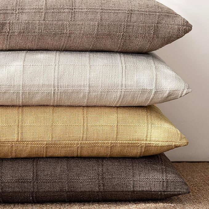 Foindtower Set of 2 Decorative Linen Check Throw Pillow Covers Neutral Farmhouse Vintage Cushion Covers Modern Boho Accent Home Decor for Sofa Chair Couch Bedroom Living Room,22×22 Inch,Amber Gold