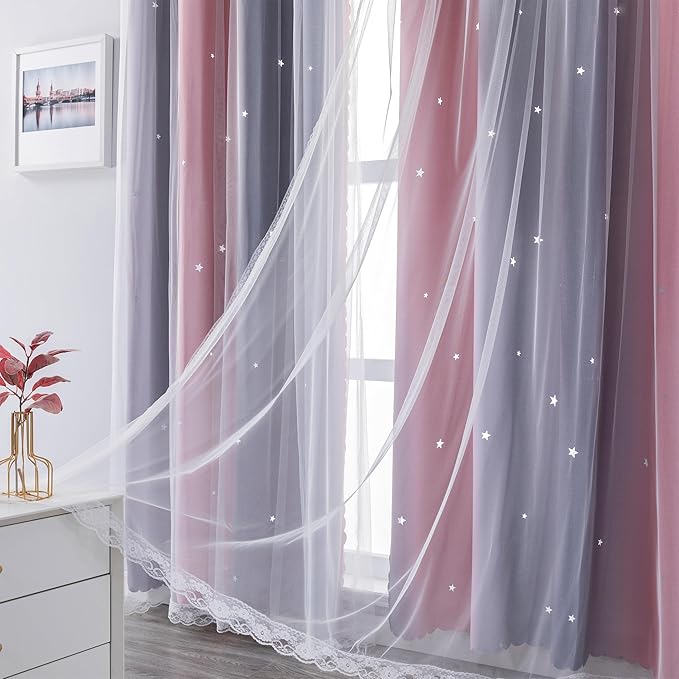 XiDi Ombre Gray and Pink Blackout Curtains for Girls Bedroom 72 Inch Length 2 Panels,Grommet Window Drapes for Kids Room Decro Pink Grey