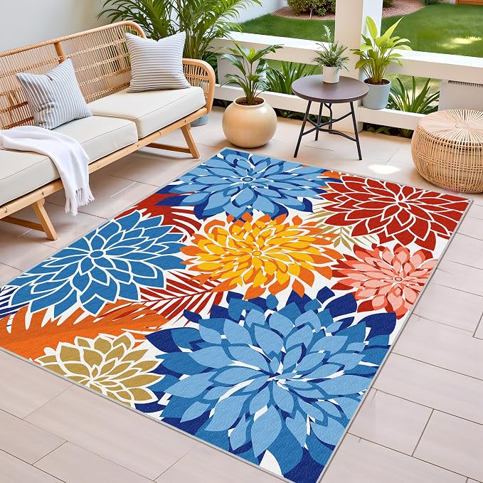 Colorful 3x5 Washable Rug for Living Room Tropical Botanical Modern Floral Chenille Area Rugs Low Pile Non Slip Carpet for Patio, Bedroom, Laundry, Vivid Dahlia