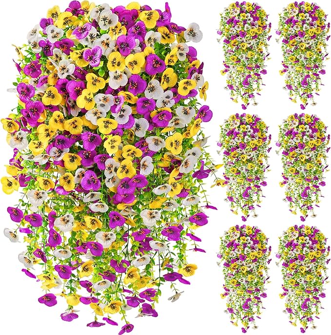 Serwalin Artificial Fake Hanging Flowers for Outdoors Planters,6PCS UV Resistant Faux Pansy Spring Flowers for Outside Porch Patio Garden Window Box (Yellow Lavender White)