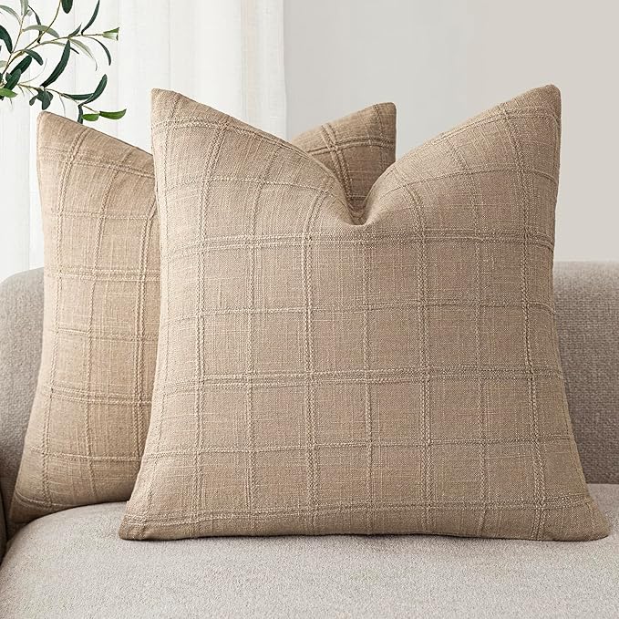 Foindtower Set of 2 Decorative Linen Check Throw Pillow Covers Neutral Farmhouse Vintage Cushion Covers Modern Coastal Boho Home Decor for Sofa Chair Couch Bedroom Living Room,20×20 Inch,Camel