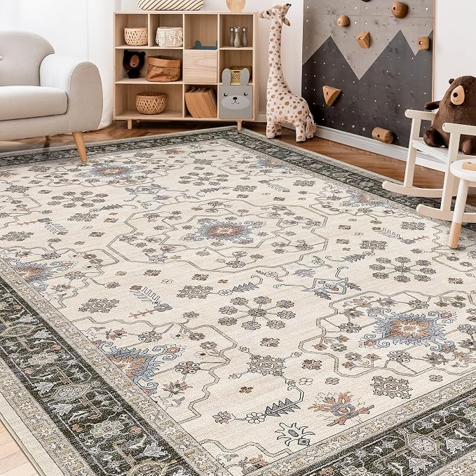 9x12 Area Rugs for Living Room - Large Carpet Ultra Thin Soft Washable Oriental Vintage Floral Distressed Big Indoor Carpets for Bedroom Nursery Dorm Home Decor Aesthetic - Brown Black
