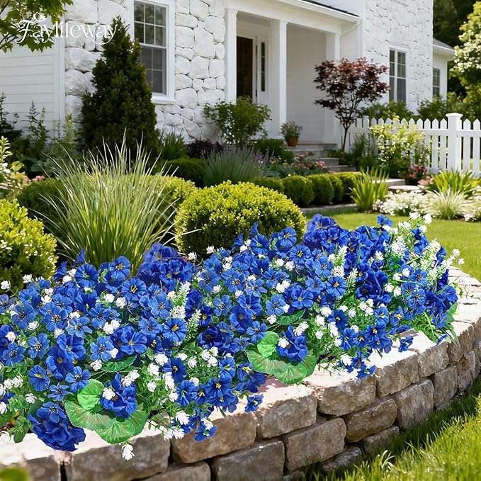 16 Bundles Artificial Flowers for Outdoors, UV Resistant Silk Faux Flowers for Outside Planters,Garden,Porch,Yard,Home Decor(Blue)