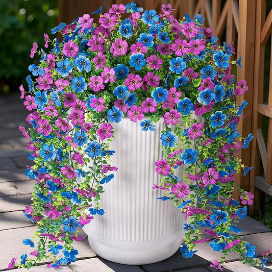Artificial Flowers for Outdoors Home Decor, 2 Packs Faux Daisy Silk Flower Realistic Fake Plants for Front Porch Courtyard Outside Hanging Floral Spring Summer Fake Planter Decoration (Purple Blue)