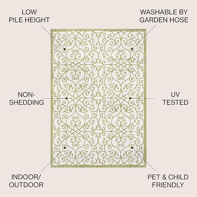 JONATHAN Y Vintage Filigree Indoor Outdoor Round Area Rug 5 Ft Green/Cream, Madrid Textured Weave for Backyard, Patio, Porch, Easy-Cleaning, High Traffic, Pet-Friendly, Non-Shedding (SMB107H-5R)